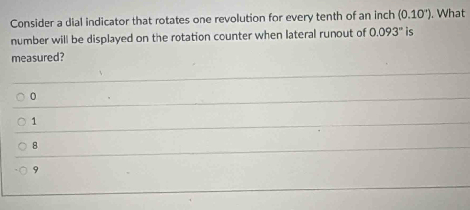 Consider a dial indicator that rotates one revolution for every tenth of an inch (0.10''). What
number will be displayed on the rotation counter when lateral runout of 0.093'' is
measured?
0
1
8
9