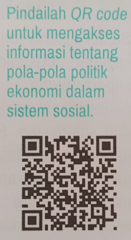 Pindailah QR code 
untuk mengakses 
informasi tentang 
pola-pola politik 
ekonomi dalam 
sistem sosial. 
I