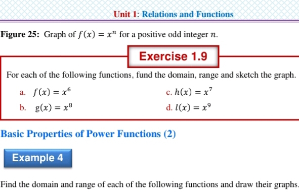 Relations and Functions 
Figure 25: Graph of f(x)=x^n for a positive odd integer n. 
Exercise 1.9 
For each of the following functions, fund the domain, range and sketch the graph. 
a. f(x)=x^6 c. h(x)=x^7
b. g(x)=x^8 d. l(x)=x^9
Basic Properties of Power Functions (2) 
Example 4 
Find the domain and range of each of the following functions and draw their graphs.