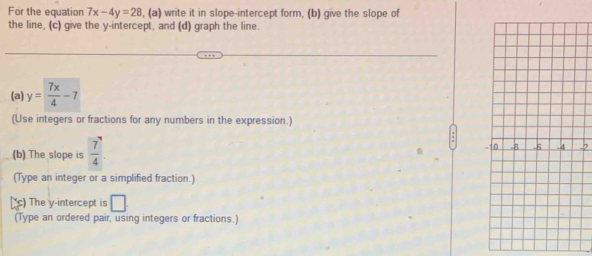 For the equation 7x-4y=28 , (a) write it in slope-intercept form, (b) give the slope of 
the line, (c) give the y-intercept, and (d) graph the line. 
(a) y= 7x/4 -7
(Use integers or fractions for any numbers in the expression.) 
(b) The slope is  7/4 . 
(Type an integer or a simplified fraction.) 
c) The y-intercept is □. 
(Type an ordered pair, using integers or fractions.)