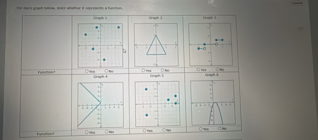 Espacnl
For each graph below, state whether it represents a function.
Graph 1 Graph 3
.
1
-0
J
4
Function? ○Yes ○No ○Yes ○ No ○ Yes ○ No
Graph 4 Graph 5 Graph 6

Function? ○Yes ○NO ○Yes No ○ Yes ○ N