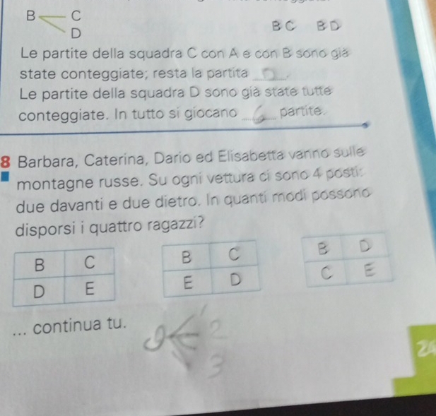 underline  C 
D 
B C B D 
Le partite della squadra C con A e con B sono giá 
state conteggiate; resta la partita_ 
Le partite della squadra D sono già state tutte 
conteggiate. In tutto si giocano _partite. 
8 Barbara, Caterina, Dario ed Elisabetta vanno sulle 
montagne russe. Su ogni vettura ci sono 4 posti: 
due davanti e due dietro. In quantí modi possono 
disporsi i quattro ragazzi ? 
... continua tu. 
26