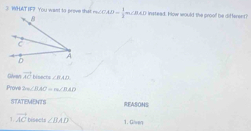 WHAT IF? You want to prove that m∠ CAD= 1/2 m∠ BAD instead. How would the proof be different? 
Given vector AO bisects ∠ BAD
Prove 2m∠ BAO=m∠ BAD
STATEMENTS REASONS 
1. vector AC bisects ∠ BAD 1. Given