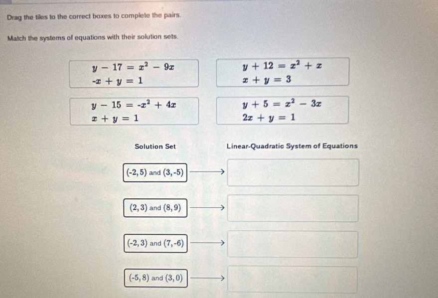 Drag the tiles to the correct boxes to complete the pairs
Match the systems of equations with their solution sets.
y-17=x^2-9x
y+12=x^2+x
-x+y=1
x+y=3
y-15=-x^2+4x
y+5=x^2-3x
x+y=1
2x+y=1
Solution Set Linear-Quadratic System of Equations
(-2,5) and (3,-5)
(2,3) and (8,9)
(-2,3) and (7,-6)
(-5,8) and (3,0)  □ /□  