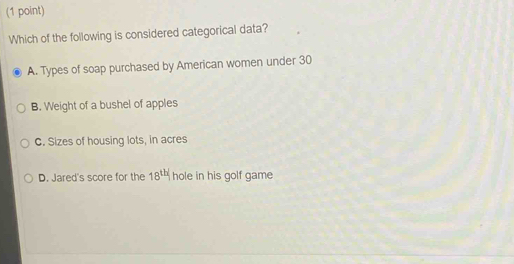 Which of the following is considered categorical data?
A. Types of soap purchased by American women under 30
B. Weight of a bushel of apples
C. Sizes of housing lots, in acres
D. Jared's score for the 18^(th)| hole in his golf game