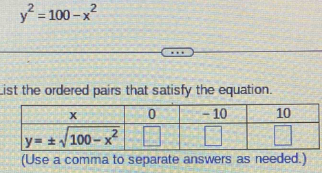 y^2=100-x^2
List the ordered pairs that satisfy the equation.
(Use a comma to separate answers as needed.)