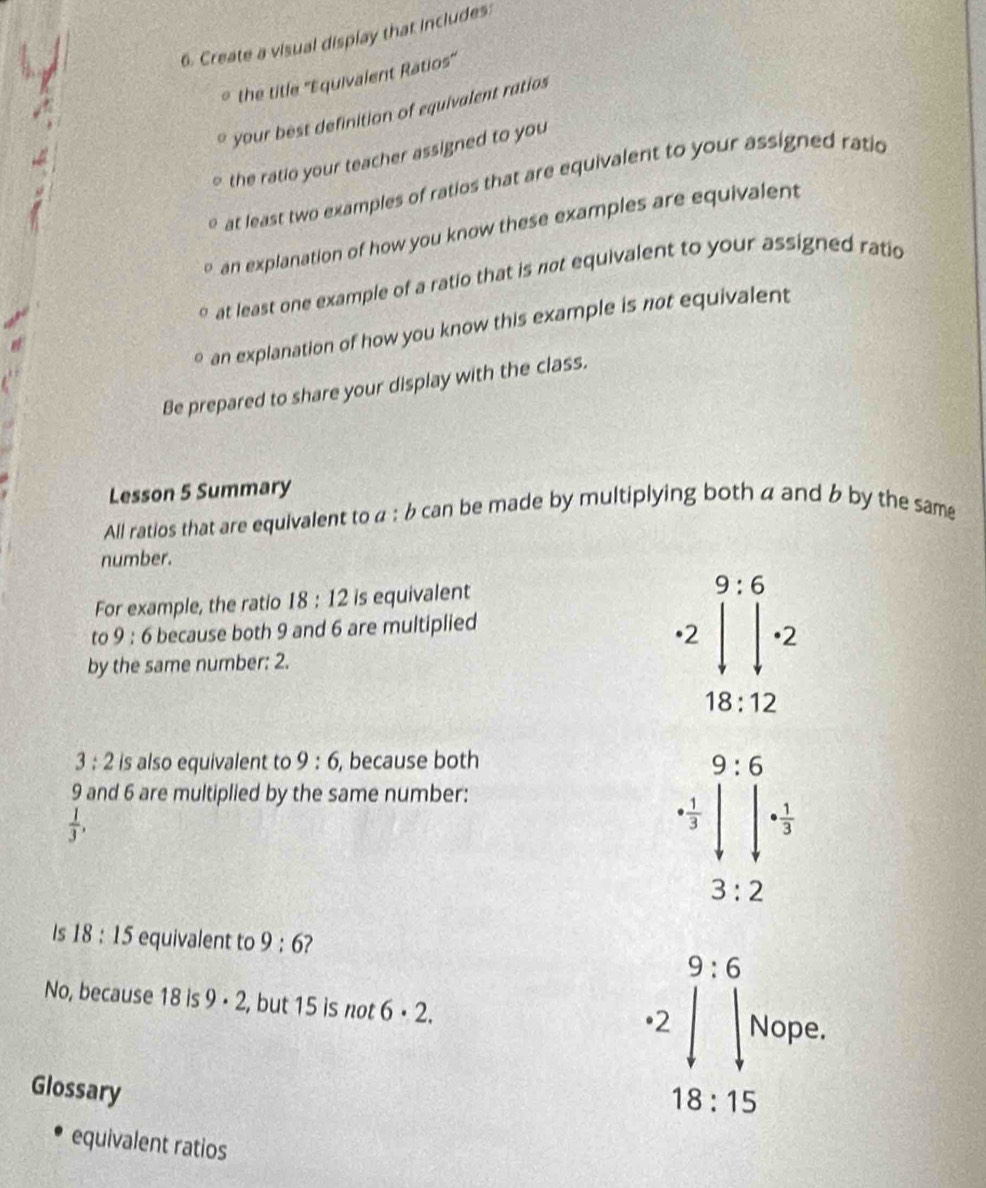 Create a visual display that includes:
* the title ''Equivalent Ratios'
your best definition of equivalent ratios
the ratio your teacher assigned to you
at least two examples of ratios that are equivalent to your assigned ratio
a an explanation of how you know these examples are equivalent
at least one example of a ratio that is not equivalent to your assigned ratio
an explanation of how you know this example is not equivalent
Be prepared to share your display with the class.
Lesson 5 Summary
All ratios that are equivalent to a:b can be made by multiplying both a and b by the same .
number.
For example, the ratio 18:12 is equivalent
9:6
to 9:6 because both 9 and 6 are multiplied
· 2 • 2
by the same number: 2.
18:12
3:2 is also equivalent to 9:6 , because both 9:6
9 and 6 are multiplied by the same number:
 1/3 .
·  1/3  ·  1/3 
3:2
Is 18:15 equivalent to 9:6 2
9:6
No, because 18is9· 2, , but 15 is not 6· 2.
•2 Nope.
Glossary
18:15
equivalent ratios