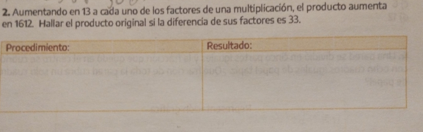 Aumentando en 13 a cada uno de los factores de una multiplicación, el producto aumenta 
en 1612. Hallar el producto original si la diferencia de sus factores es 33.