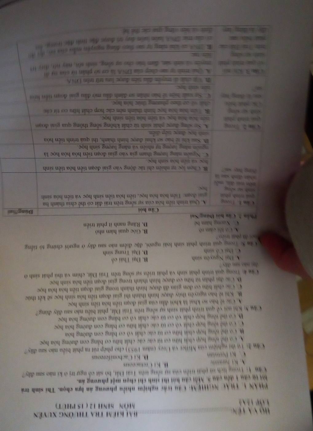ho  v  à t ế n  Bài kiêm tra thường xuyên
Lớp Ln2
MON SINH 12 ( 15 PHUT)
PHAN 1 TRAC NGHệM: Câu trác nghiệm nhiều phương án lựa chọn. Thí sinh trã
lội tử câu 1 đền câu 5. Mỗi cậu hái thí sinh chỉ chọn một phương án.
Cầm 1: Trong lịch sử phải triển của sự sống trên Trái Đất, bò sát cổ ngự trị ở kí nào sau đây?
K i  Juassi B. K 1 Cretaceous
C. kí Permian D. Ki Cachonifereous
Cầu Lị Từ thị nghiệm của Miller và Urey (năm 1953) cho phép rút ra phát biểu não sau đây?
A. Co thể tộng hợp chật hữu cơ từ các các chất hữu cơ bằng con đường hóa học
H Cơ thể tổng hợp chất hữu cơ từ các chất vô cơ bằng con đường hoa
C. Có thể tộng hợp chất vô cơ từ các chất hữu cơ bằng con đường hóa học
D. Có thể tổng hợp chất vô cơ từ các chất vô cơ bằng con đường hóa học
Cầu 3: Khi nơi về quả trình phát sinh sự sống trên Trái Đất, phát biểu nào sau đây đùng?
A. Các tế báo sơ khai là khởi đầu của giai đoạn tiền hóa tiền sinh học
B. Khi tế bào nguyên thủy được hình thành thi giai đoạn tiền hóa sinh học sẽ kết thức
C. Các chất hữu cơ đơn gian đã được hình thành trong giai đoạn tiến hóa hóa học
D. Các đại phân từ hữu cơ được hình thành trong giai đoạn tiền hóa sinh học
Câu 4 Trong quả trình phát sinh và phát triển sự sống trên Trái Đất, chim và thủ phát sinh ở
đại não sau diâty ?
A Đại Nguyên sinh B. Đại Thái cổ
C. Đại Cô sinh D. Đại Trung sinh
Cầu S: Trong quá trình phát sinh loài người, đặc điểm nào sau đây ở người chứng tô tiếng
oi đã phát triển''
A. Cơ tôi cảm rõ B. Góc quai hàm nhỏ
é D. Rãng nanh ít phát triển
ai