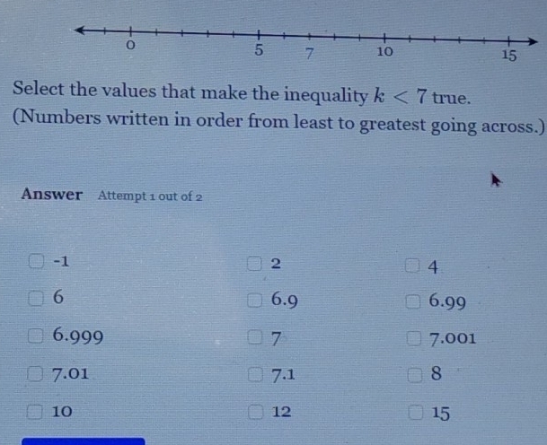 Select the values that make the inequality k<7</tex> true.
(Numbers written in order from least to greatest going across.)
Answer Attempt 1 out of 2
-1
2
4
6 6.9 6.99
6.999 7 7.001
7.01 7.1 8
10
12
15