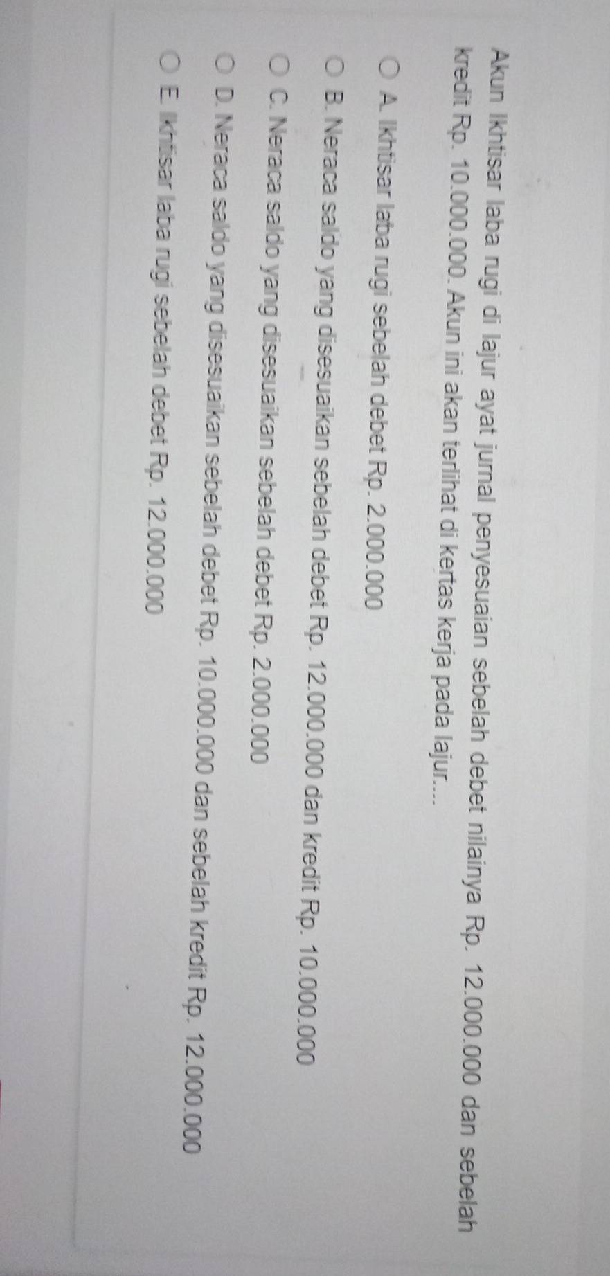 Akun Ikhtisar laba rugi di lajur ayat jurnal penyesuaian sebelah debet nilainya Rp. 12.000.000 dan sebelah
kredit Rp. 10.000.000. Akun ini akan terlihat di kertas kerja pada lajur....
A. Ikhtisar laba rugi sebelah debet Rp. 2.000.000
B. Neraca saldo yang disesuaikan sebelah debet Rp. 12.000.000 dan kredit Rp. 10.000.000
C. Neraca saldo yang disesuaikan sebelah debet Rp. 2.000.000
D. Neraca saldo yang disesuaikan sebelah debet Rp. 10.000.000 dan sebelah kredit Rp. 12.000.000
E. Ikhtisar laba rugi sebelah debet Rp. 12.000.000