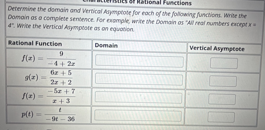 cteristics of Rational Functions
Determine the domain and Vertical Asymptote for each of the following functions. Write the
Domain as a complete sentence. For example, write the Domain as "All real numbers except x=
4'' '. Write the Vertical Asymptote as an equation.