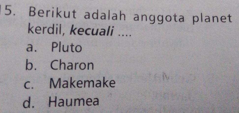 Berikut adalah anggota planet
kerdil, kecuali ....
a. Pluto
b. Charon
c. Makemake
d. Haumea