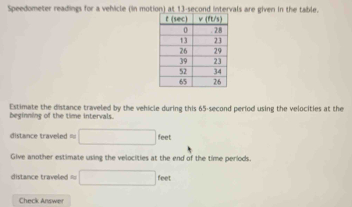 Speedometer readings for a vehicle (in motion) at 13-second intervals are given in the table.
Estimate the distance traveled by the vehicle during this 65-second period using the velocities at the
beginning of the time intervals.
distance traveled as□ feet
Give another estimate using the velocities at the end of the time periods.
distance traveled ≈ □ feet c
Check Answer