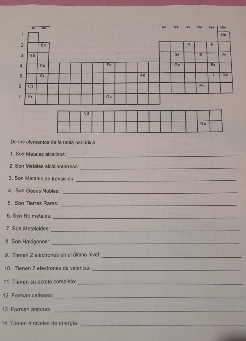 De los elementos de la tabla periódica: 
1. Son Metales alcalinos:_ 
2. Son Metales alcalinotérreos:_ 
3. Son Metales de transición:_ 
4. Son Gases Nobles:_ 
5. Son Tierras Raras:_ 
6. Son No metales:_ 
7. Son Metaloides:_ 
8. Son Halógenos:_ 
9. Tienen 2 electrones en el último nivel:_ 
10. Tienen 7 electrones de valencia:_ 
11. Tienen su octeto completo:_ 
12. Forman cationes:_ 
13. Forman aniones:_ 
14. Tienen 4 niveles de energía:_