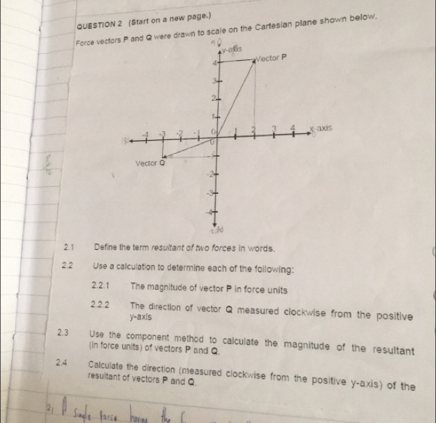 (Start on a new page.) 
Force vecto scale on the Cartesian plane shown below. 
2.1 Define the term resultant of two forces in words. 
2.2 Use a calculation to determine each of the following: 
2.2.1 The magnitude of vector P in force units 
2.2.2 The direction of vector Q measured clockwise from the positive 
y-axis 
2.3 Use the component method to calculate the magnitude of the resyltant 
(in force units) of vectors P and Q. 
2.4 Calculate the direction (measured clockwise from the positive y-axis) of the 
resultant of vectors P and Q.