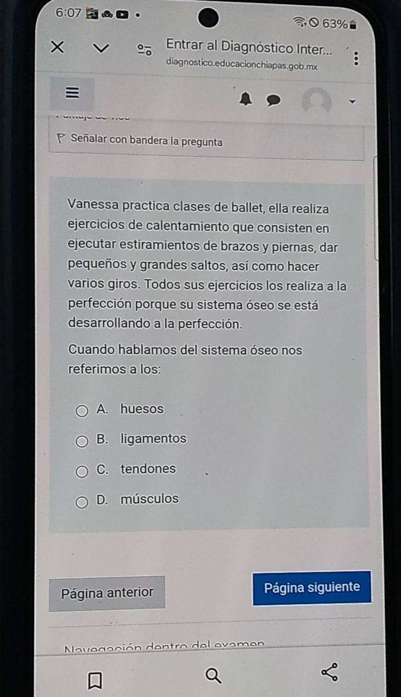 6:07
63%
× Entrar al Diagnóstico Inter...
diagnostico.educacionchiapas.gob.mx

Señalar con bandera la pregunta
Vanessa practica clases de ballet, ella realiza
ejercicios de calentamiento que consisten en
ejecutar estiramientos de brazos y piernas, dar
pequeños y grandes saltos, así como hacer
varios giros. Todos sus ejercicios los realiza a la
perfección porque su sistema óseo se está
desarrollando a la perfección.
Cuando hablamos del sistema óseo nos
referimos a los:
A. huesos
B. ligamentos
C. tendones
D. músculos
Página anterior Página siguiente
Nevegación dentro del evemen