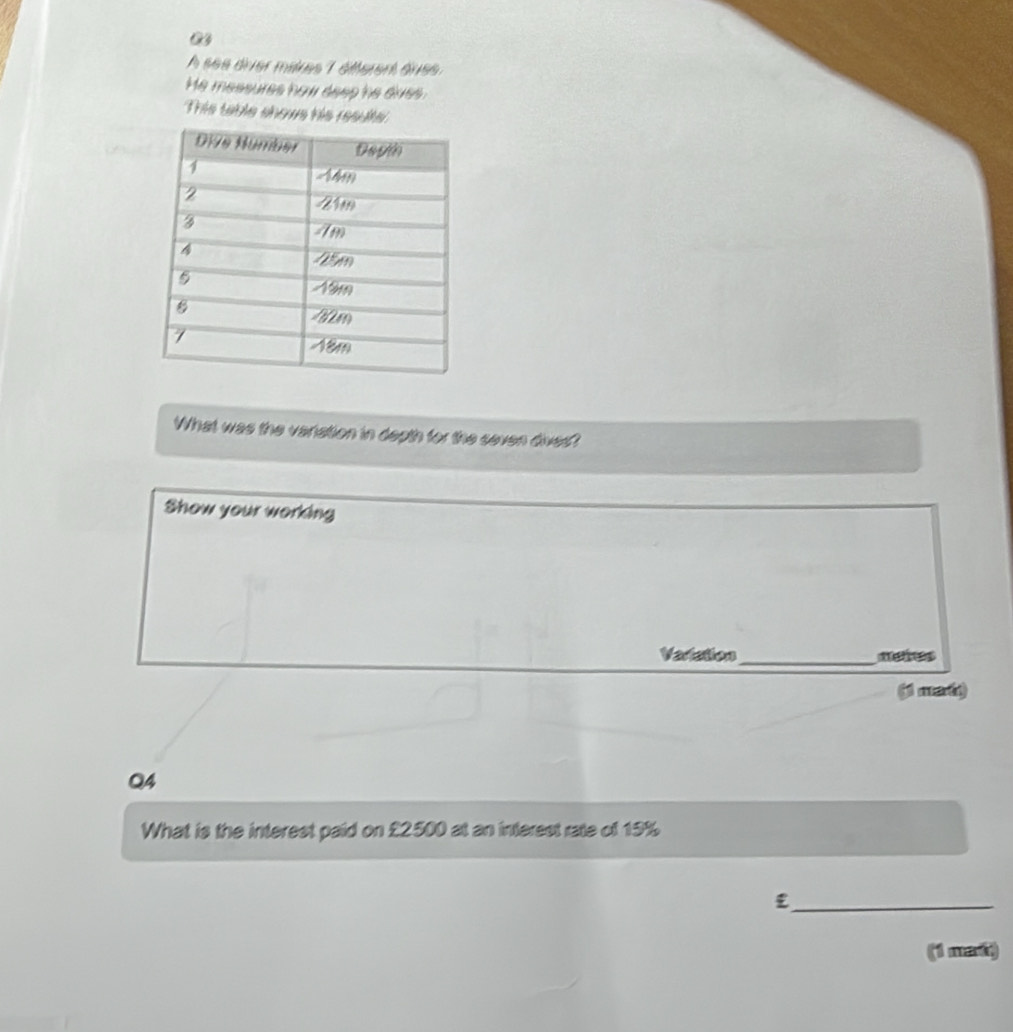 A ses diver mares 1 éterent dres 
He messures how deep he dive . 
This table shows his results 
What was the variation in depth for the seven dives? 
Show your working 
Vartation_ netes 
( mad) 
Q4 
What is the interest paid on £2500 at an interest rate of 15%
_ £
(1 mat)