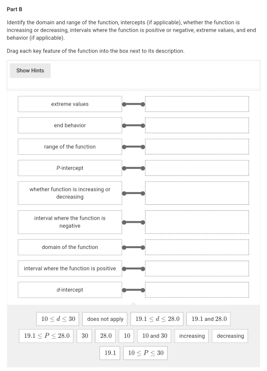 ldentify the domain and range of the function, intercepts (if applicable), whether the function is 
increasing or decreasing, intervals where the function is positive or negative, extreme values, and end 
behavior (if applicable). 
Drag each key feature of the function into the box next to its description. 
Show Hints 
extreme values 
end behavior 
range of the function
P -intercept 
whether function is increasing or 
decreasing 
interval where the function is □  
negative 
domain of the function □ 
interval where the function is positive
d -intercept
10≤ d≤ 30 does not apply 19.1≤ d≤ 28.0 19.1 and 28.0
19.1≤ P≤ 28.0 30 28.0 10 10 and 30 increasing decreasing
19.1 10≤ P≤ 30