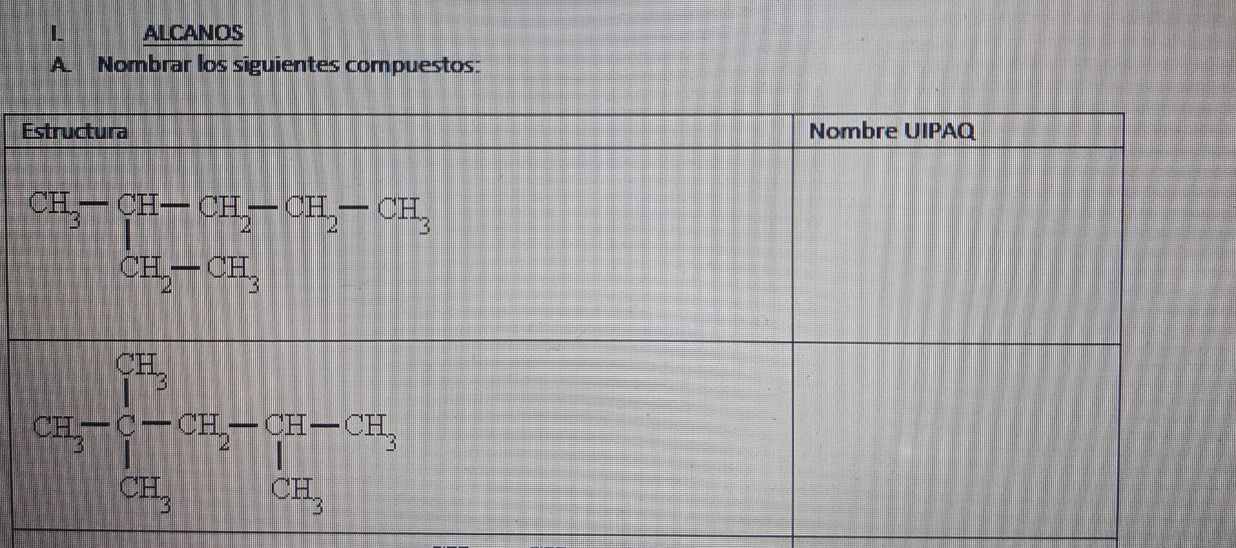 ALCANOS
A. Nombrar los siguientes compuestos: