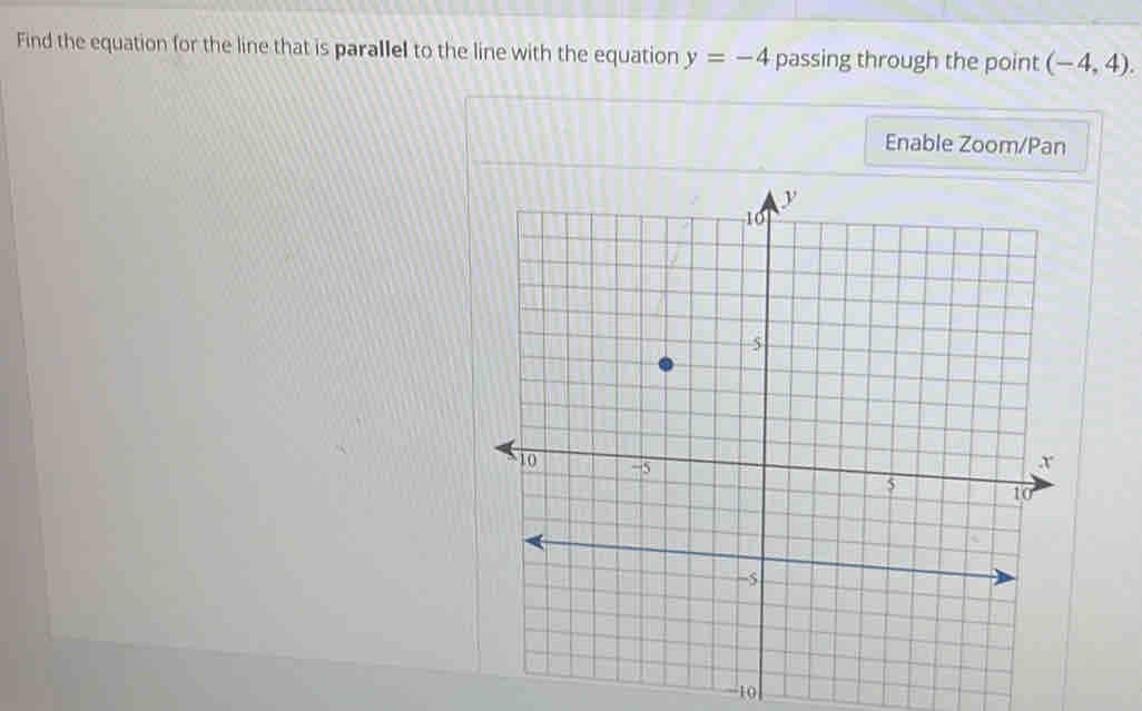 Find the equation for the line that is parallel to the line with the equation y=-4 passing through the point (-4,4). 
Enable Zoom/Pan 
-10