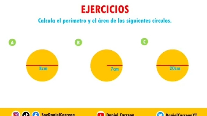 EJERCICIOS 
Calcula el perímetro y el área de los siguientes círculos. 
a 
B 

SoyDanielCarreon Daniel Carreon DagielCarreonYT