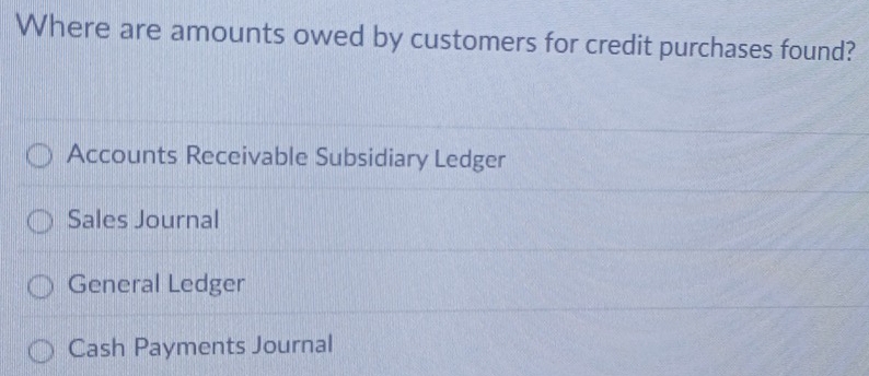 Where are amounts owed by customers for credit purchases found?
Accounts Receivable Subsidiary Ledger
Sales Journal
General Ledger
Cash Payments Journal