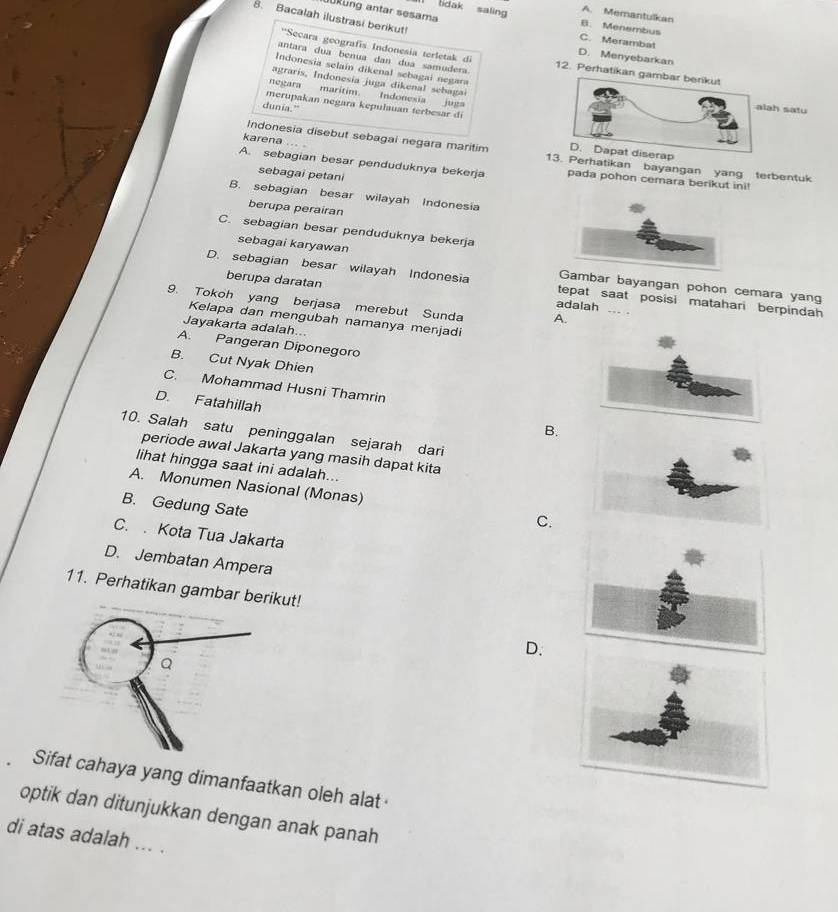 ukung antar sesama
A. Memantulkan
8. Bacalah ilustrasi berikut!
dak saling B. Menembus
C. Merambat
''Secara geografis Indonesia terletak e
D. Menyebarkan
antara dua benua dan dua samudera 12. Perhatikan 
Indonesia selain dikenal sebagai negara
agrarís, Indonesia juga dikenal sebagai
negara maritim. Indonesia juga
merupakan negara kepulauan terbesar di
dunia." alah satu
karena ... .
iserap
Indonesia disebut sebagal negara maritim 13. Perhatikan bayangan yang terbentuk
A. sebagian besar penduduknya bekerja pada pohon cemara berikut ini!
sebagai petani
B. sebagian besar wilayah Indonesia
berupa perairan
C. sebagian besar penduduknya bekerja
sebagai karyawan bar bayangan pohon cemara yang
berupa daratan
D. sebagian besar wilayah Indonesia adalah ... . tepat saat posisi matahari berpindah
9. Tokoh yang berjasa merebut Sunda A.
Kelapa dan mengubah namanya menjadi
Jayakarta adalah...
A. Pangeran Diponegoro
B. Cut Nyak Dhien
C. Mohammad Husni Thamrin
D. Fatahillah
B.
10. Salah satu peninggalan sejarah dari
periode awal Jakarta yang masih dapat kita
lihat hingga saat ini adalah...
A. Monumen Nasional (Monas) C.
B. Gedung Sate
C. . Kota Tua Jakarta
D. Jembatan Ampera
11. Perhatikan gambar berikut!
D.
Sfat cahaya yang dimanfaatkan oleh alat
optik dan ditunjukkan dengan anak panah
di atas adalah ... .