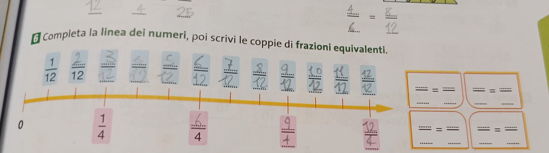 Completa la linea dei numeri, poi scrivi le coppie di frazioni equivalenti.
 1/12   2/12   2/12  frac A frac sumlimits . 
. 
. 
_ 
_ 
_ 
_ 
0 
_ 
_ 
_ 
__
 1/4 ..
 9/4 
_