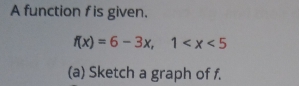 A function f is given.
f(x)=6-3x, 1
(a) Sketch a graph of f.