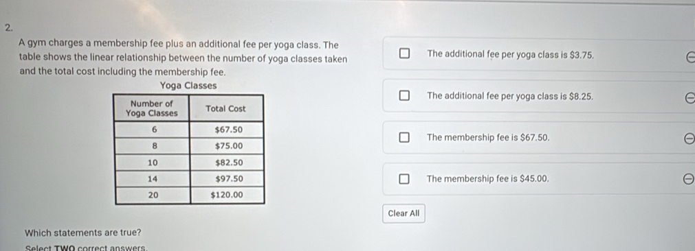 A gym charges a membership fee plus an additional fee per yoga class. The The additional fee per yoga class is $3.75.
table shows the linear relationship between the number of yoga classes taken
and the total cost including the membership fee.
Yoga Classes
The additional fee per yoga class is $8.25.
The membership fee is $67.50.
The membership fee is $45.00.
Clear All
Which statements are true?
Select TWO correct answers.