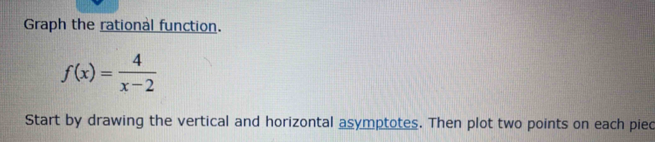 Graph the rational function.
f(x)= 4/x-2 
Start by drawing the vertical and horizontal asymptotes. Then plot two points on each piec