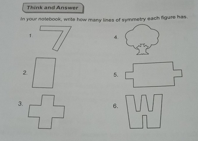 Think and Answer 
In your notebook, write how many lines of symmetry each figure has. 
1. 
4. 
2. 
5. 
3. 
6.