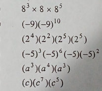 8^3* 8* 8^5
(-9)(-9)^10
(2^4)(2^2)(2^5)(2^5)
(-5)^3(-5)^6(-5)(-5)^2
(a^3)(a^4)(a^3)
(c) (c^7)(c^5)