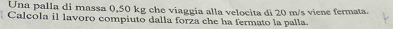 Una palla di massa 0,50 kg che viaggia alla velocita di 20 m/s viene fermata. 
Calcola il lavoro compiuto dalla forza che ha fermato la palla.