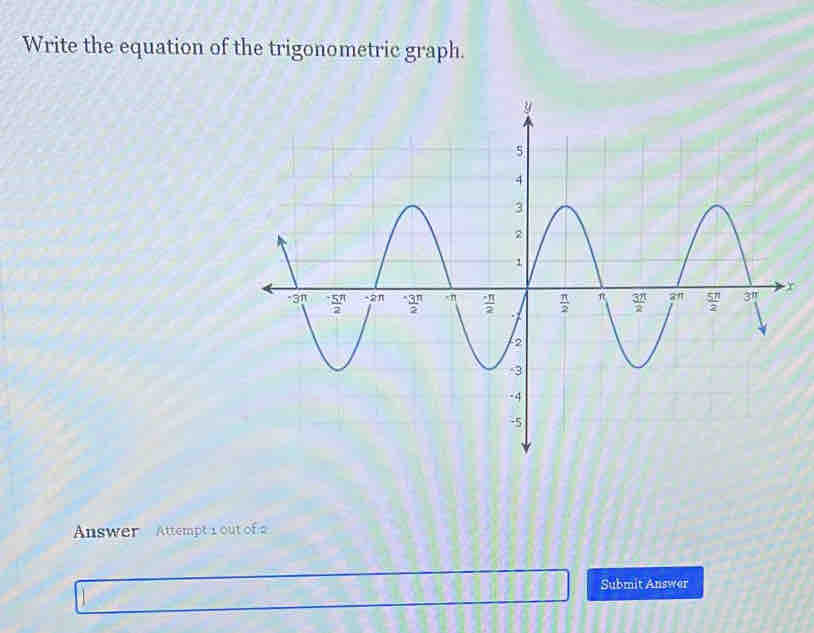 Write the equation of the trigonometric graph.
Answer Attempt 1 out of 
Submit Answer