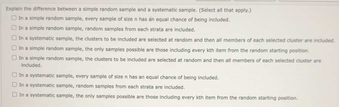 Solved: Explain the difference between a simple random sample and a ...