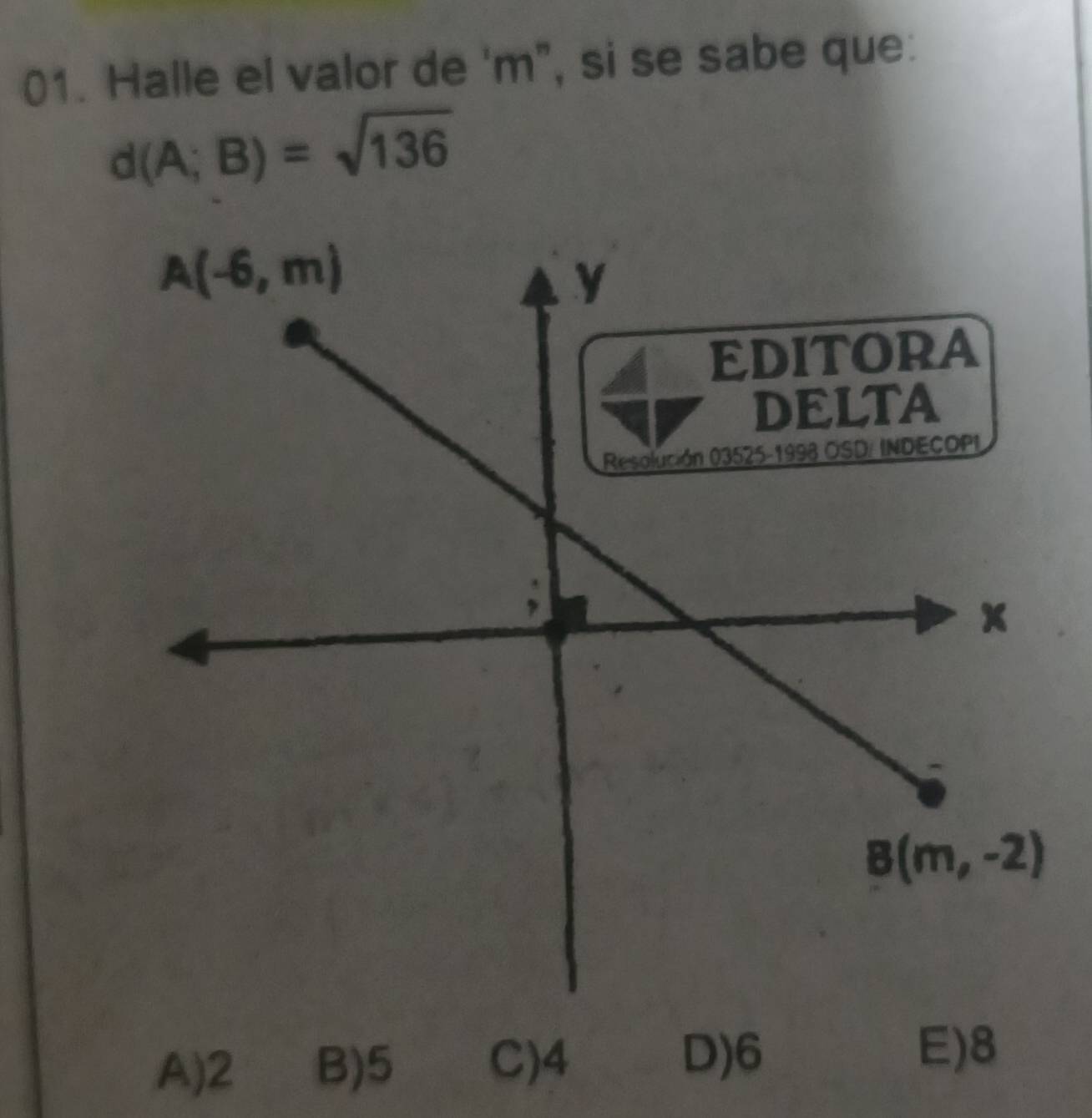 Halle el valor de 'm”, si se sabe que:
d(A;B)=sqrt(136)
A)2 B)5 C)4
D)6 E)8