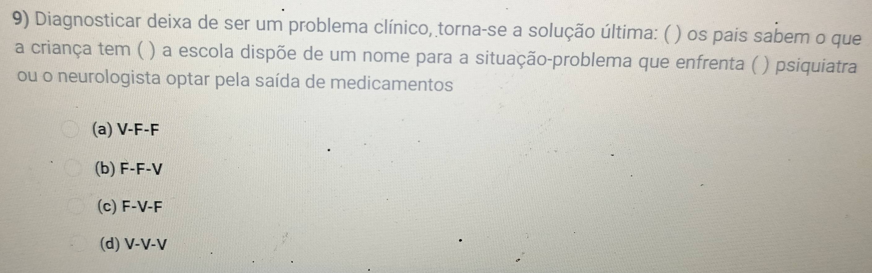 Diagnosticar deixa de ser um problema clínico, torna-se a solução última: ( ) os pais sabem o que
a criança tem ( ) a escola dispõe de um nome para a situação-problema que enfrenta ( ) psiquiatra
ou o neurologista optar pela saída de medicamentos
(a) V-F-F
(b) F-F-V
(c) F-V-F
(d) V-V-V