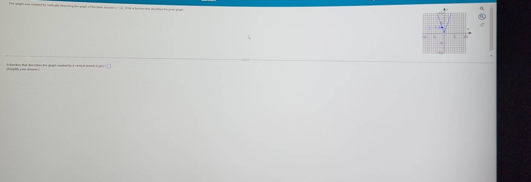 he graph was created by vertically stretching the graph of the basic function y = |x|. Write a function that describes the given graph 
A function that describes the graph created by a vertical stretch is g(x) =□
(Simplify your answer.)
