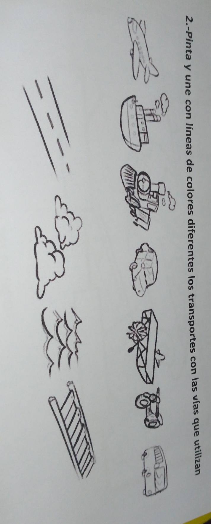 2.-Pinta y une con líneas de colores diferentes los transportes con las vías que utilizan