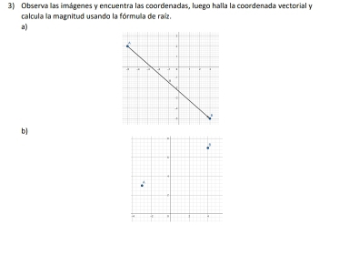 Observa las imágenes y encuentra las coordenadas, luego halla la coordenada vectorial y 
calcula la magnitud usando la fórmula de raíz. 
a) 
b] 
s 
4 4