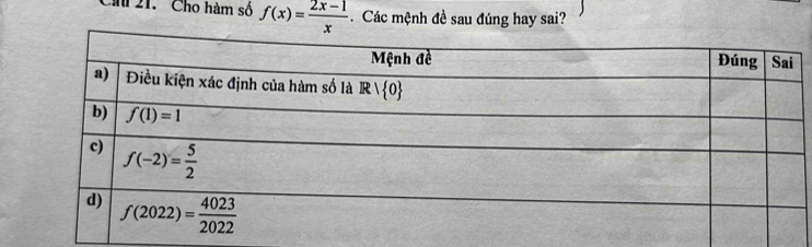 Cho hàm số f(x)= (2x-1)/x . Các mệnh đề sau đúng hay sai?