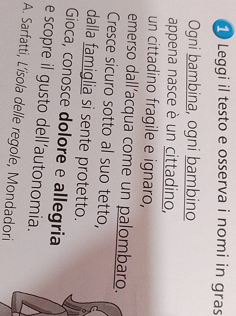 Leggi il testo e osserva i nomi in gras
Ogni bambina, ogni bambino
appena nasce è un cittadino,
un cittadino fragile e ignaro,
emerso dall’acqua come un palombaro.
Cresce sicuro sotto al suo tetto,
dalla famiglia si sente protetto.
Gioca, conosce dolore e allegria
e scopre il gusto dell’autonomia.
A. Sarfatti, L’isola delle regole, Mondadori