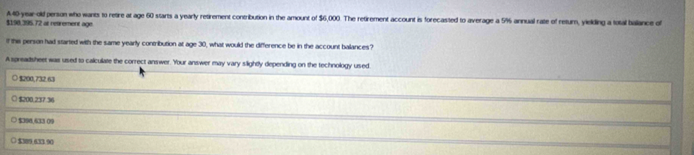 A40-year-old person who wants to retire at age 60 starts a yearly retirement contribution in the amount of $6,000. The retirement account is forecasted to average a 5% annual rate of return, yieling a total ballance of
$198,395.72 at retirement age.
If this person had started with the same yearly contribution at age 30, what would the difference be in the account balances?
A spreadsheet was used to calculate the correct answer. Your answer may vary slightly depending on the technology used.
○ $200,732.63
○ $200,237.36
○ $398,633 09
○ $389.633.90