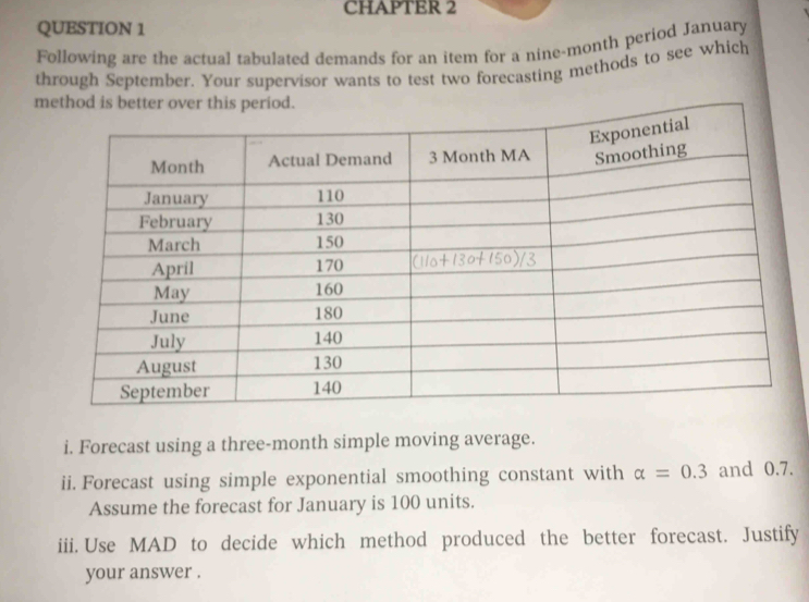 CHAPTER 2 
QUESTION 1 
Following are the actual tabulated demands for an item for a nine-month period January 
through September. Your supervisor wants to test two forecasting methods to see which 
method is better over this period. 
i. Forecast using a three-month simple moving average. 
ii. Forecast using simple exponential smoothing constant with alpha =0.3 and 0.7. 
Assume the forecast for January is 100 units. 
iii. Use MAD to decide which method produced the better forecast. Justify 
your answer .