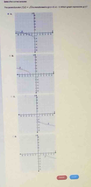 Sata f a e o a oter 
The parenclestion f(a)=sqrt(a) a ra ted g(t)=(-t)-1 Which graph reprecane g 

Leunt