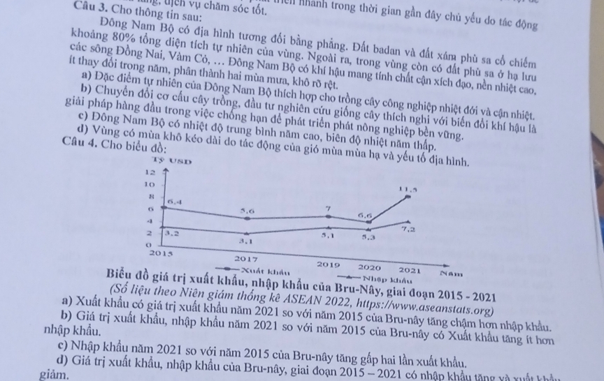 ung, tịch vụ chăm sóc tốt.
Câu 3. Cho thông tin sau:
Hển nhành trong thời gian gần đây chủ yếu do tác động
Đông Nam Bộ có địa hình tương đối bằng phẳng. Đất badan và đất xám phù sa cổ chiếm
khoảng 80% tổng diện tích tự nhiên của vùng. Ngoài ra, trong vùng còn có đất phù sa ở hạ lưu
các sông Đồng Nai, Vàm Cỏ, .. Đông Nam Bộ có khí hậu mang tính chất cận xích đạo, nền nhiệt cao,
ít thay đổi trong năm, phân thành hai mùa mưa, khô rõ rệt.
a) Đặc điểm tự nhiên của Đông Nam Bộ thích hợp cho trồng cây công nghiệp nhiệt đới và cận nhiệt.
b) Chuyển đổi cơ cầu cây trồng, đầu tư nghiên cứu giống cây thích nghi với biến đổi khí hậu là
giải pháp hàng đầu trong việc chống hạn để phát triển phát nông nghiệp bền vững.
c) Đông Nam Bộ có nhiệt độ trung bình năm cao, biên độ nhiệt năm thấp.
Câu 4. Cho biểu đồ:
d) Vùng có mùa khô kéo dài do tác động của gió mùa m
Năm
Nhập khẩu
Biểu đồ giá trị xuất khẩu, nhập khẩu của Bru-Nây, giai đoạn 2015 - 2021
(Số liệu theo Niên giám thống kê ASEAN 2022, https://www.aseanstats.org)
a) Xuất khẩu có giá trị xuất khẩu năm 2021 so với năm 2015 của Bru-nây tăng chậm hơn nhập khẩu.
b) Giá trị xuất khẩu, nhập khẩu năm 2021 so với năm 2015 của Bru-nây có Xuất khẩu tăng ít hơn
nhập khẩu.
c) Nhập khẩu năm 2021 so với năm 2015 của Bru-nây tăng gấp hai lần xuất khẩu.
d) Giá trị xuất khẩu, nhập khẩu của Bru-nây, giai đoạn 2015 - 2021 có nhập khẩu tăng và xuất khẩu
giảm.