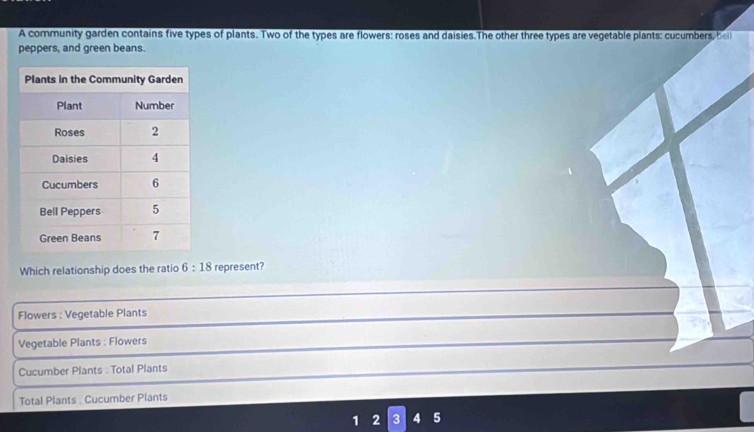 A community garden contains five types of plants. Two of the types are flowers: roses and daisies.The other three types are vegetable plants: cucumbers, bel
peppers, and green beans.
Which relationship does the ratio 6:18 represent?
Flowers : Vegetable Plants
Vegetable Plants : Flowers
Cucumber Plants : Total Plants
Total Plants . Cucumber Plants
1 2 3 4 5
