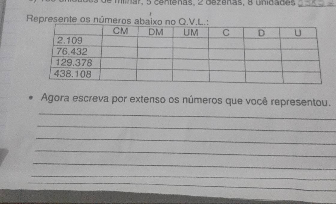 de mlínar, 5 centenas, 2 dezenas, 8 unidades_ 
Represente os números 
Agora escreva por extenso os números que você representou. 
_ 
_ 
_ 
_ 
_ 
_ 
_ 
_